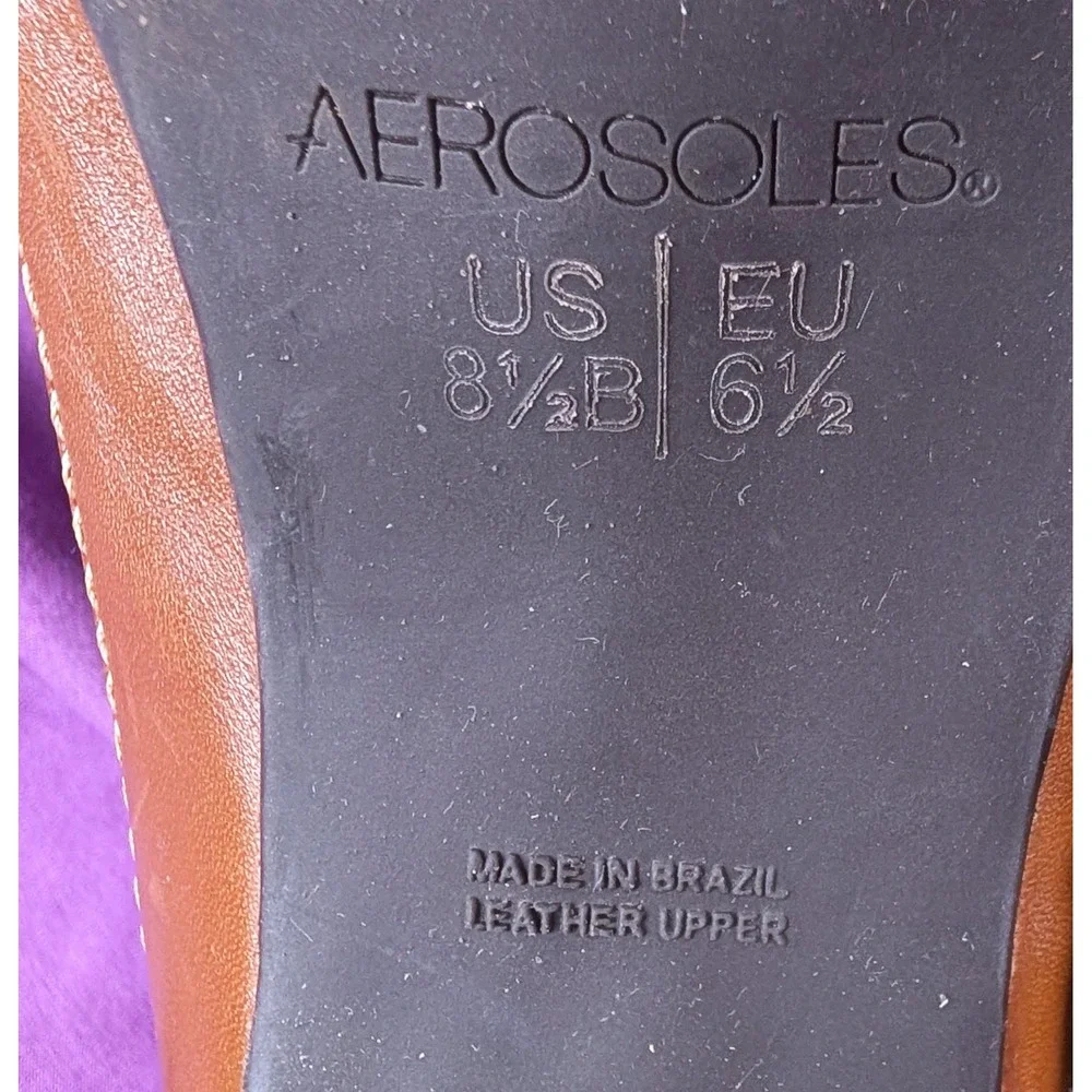 Vintage Aerosoles Leather Peep Toe Pump Heels Mustard Brown Buckle Brazilian 8.5